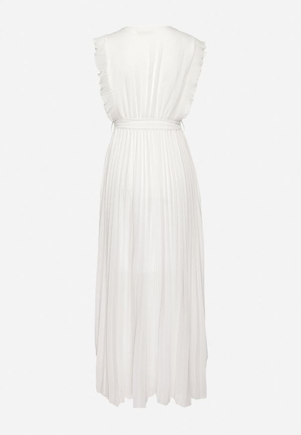 Born2be - Biała Plisowana Sukienka Maxi Wiskozowa z Kopertowym Dekoltem i Falbankami Glimes. Typ kołnierza: kołnierz z falbankami. Kolor: biały. Materiał: wiskoza. Typ sukienki: kopertowe. Długość: maxi