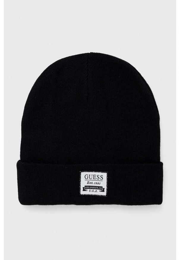 Guess czapka z domieszką wełny kolor czarny z grubej dzianiny. Kolor: czarny. Materiał: wełna, dzianina