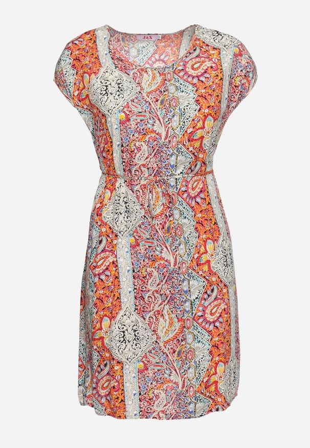 Born2be - Czerwono-Beżowa Wiskozowa Sukienka w Stylu Boho o Pudełkowym Kroju z Materiałowym Paskiem Neteri. Okazja: na co dzień. Kolor: czerwony. Materiał: materiał, wiskoza. Styl: boho