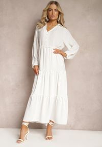 Renee - Biała Rozkloszowana Sukienka Maxi z Falbankami i Kołnierzykiem Rehtima. Typ kołnierza: kołnierz z falbankami. Kolor: biały. Długość: maxi #4