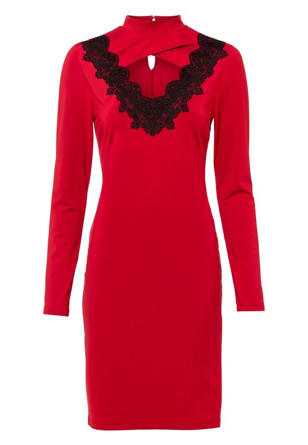 Sukienka z koronkową aplikacją bonprix ciemnoczerwono-czarny. Kolor: czerwony. Materiał: koronka. Wzór: aplikacja
