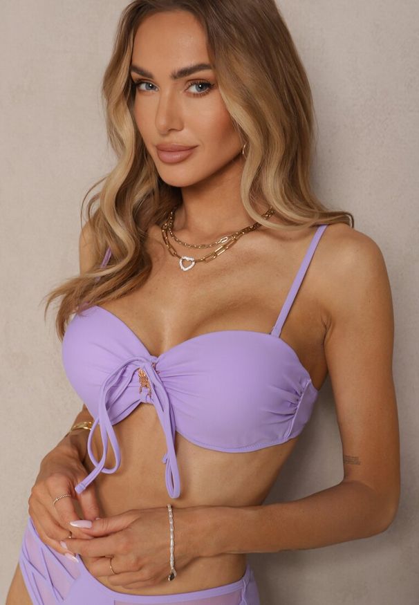 Renee - Fioletowe Bikini Biustonosz i Majtki Figi High Waist z Siateczkowymi Zdobieniami Kinovia. Stan: podwyższony. Kolor: fioletowy. Wzór: aplikacja
