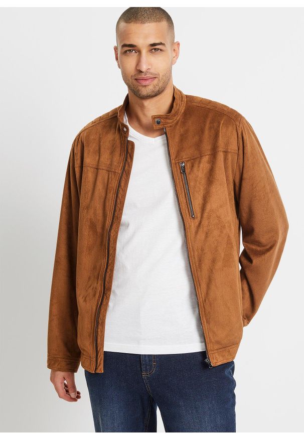 bonprix - Kurtka z imitacji skóry welurowej. Typ kołnierza: kołnierzyk stójkowy. Kolor: brązowy. Materiał: skóra, welur