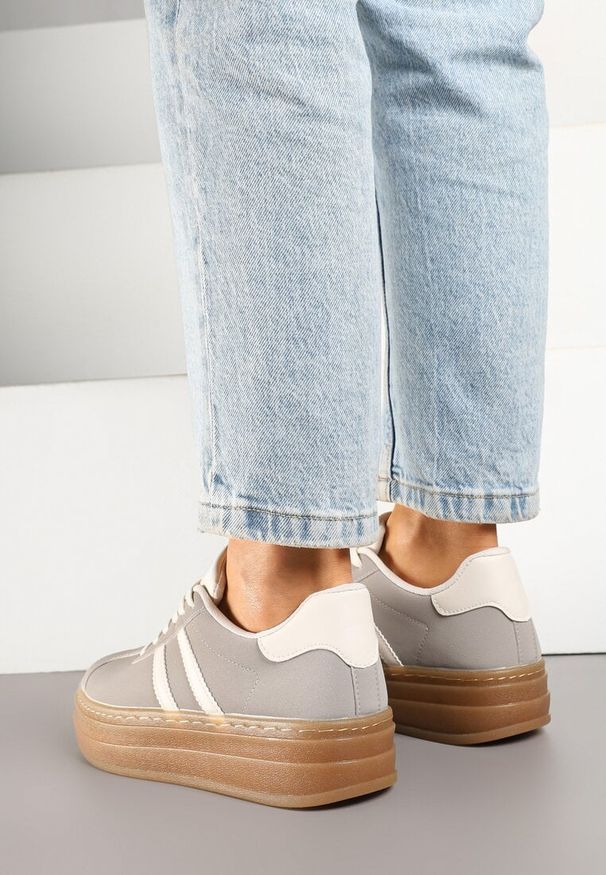 Born2be - Szare Sneakersy na Grubej Podeszwie z Ozdobnym Wzorem Felimala. Okazja: na co dzień. Kolor: szary. Materiał: jeans