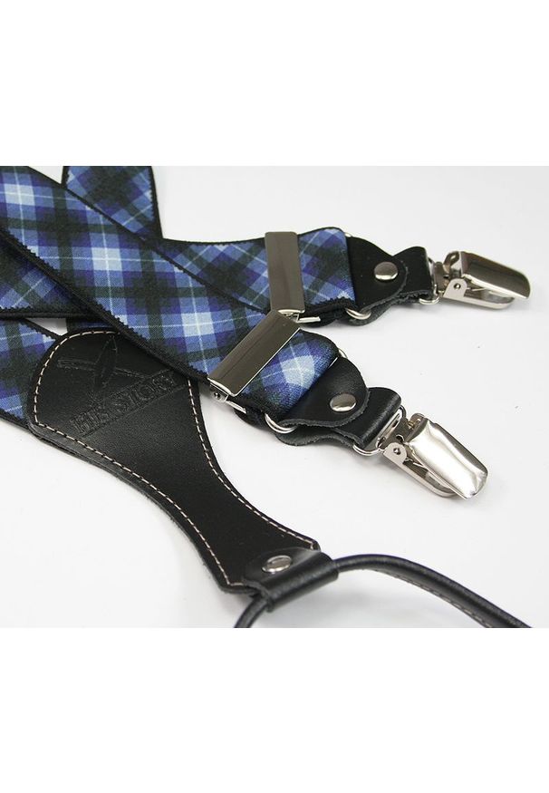 His Story - Szelki Szerokie, Granatowo-Czarna Drobna Kratka, Męskie, Skóra Naturalna -HIS STORY- Stylowe. Kolor: niebieski. Materiał: guma, skóra. Wzór: kratka