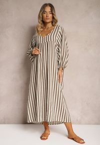 Renee - Brązowo-Beżowa Bawełniana Sukienka Trapezowa Zakończona Gumką przy Rękawach Vesivia. Kolor: brązowy. Materiał: bawełna. Sezon: lato. Typ sukienki: trapezowe