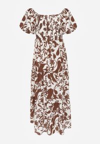 Born2be - Brązowa Rozkloszowana Sukienka z Wiskozy z Bufiastymi Rękawami w Roślinny Wzór Semea. Okazja: na co dzień, do pracy, na spotkanie biznesowe. Kolor: brązowy. Materiał: wiskoza. Sezon: lato. Typ sukienki: rozkloszowane, proste. Styl: casual, biznesowy. Długość: maxi #4