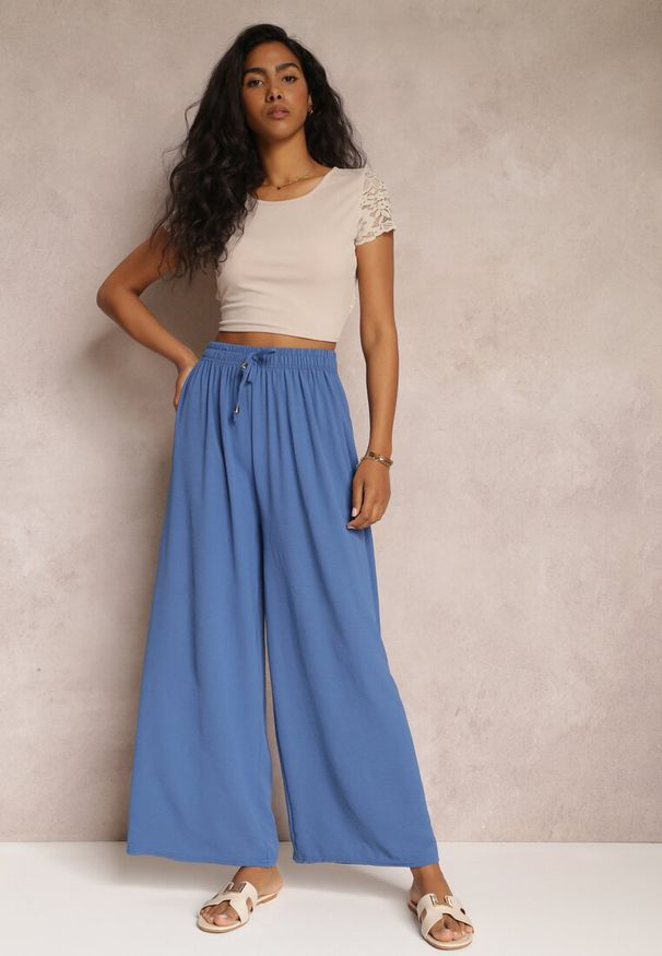 Renee - Niebieskie Spodnie z Gumką w Pasie i Szerokimi Nogawkami Seira. Kolor: niebieski