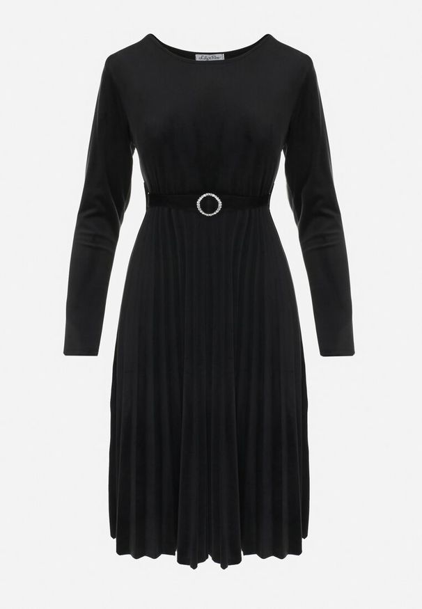 Born2be - Czarna Welurowa Sukienka z Paskiem i Plisowanym Dołem Yazola. Kolor: czarny. Materiał: welur. Styl: elegancki. Długość: midi