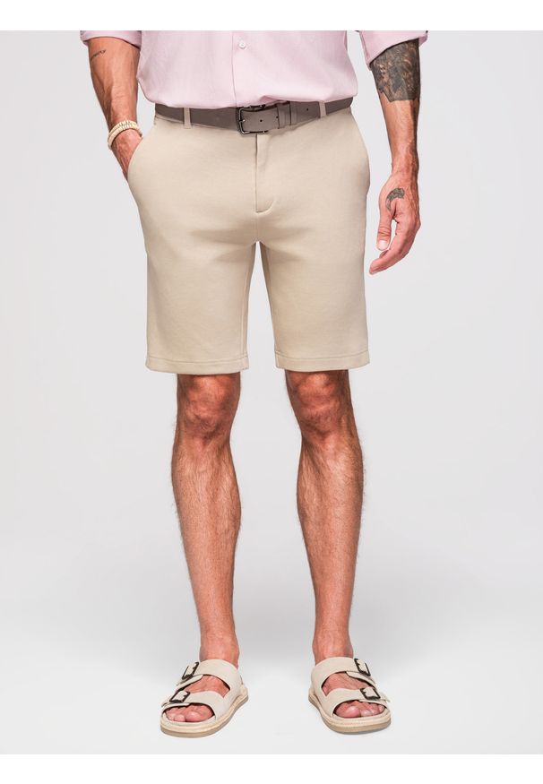 Ombre Clothing - Męskie krótkie spodenki SLIM FIT z melanżowej strukturalnej dzianiny – piaskowe V3 - Rozmiar: XL. Materiał: dzianina. Długość: krótkie. Wzór: melanż. Styl: wakacyjny