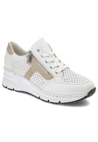 Białe Sneakersy Rieker Modne Buty Damskie. Okazja: na co dzień. Zapięcie: sznurówki. Kolor: biały. Materiał: skóra. Szerokość cholewki: normalna