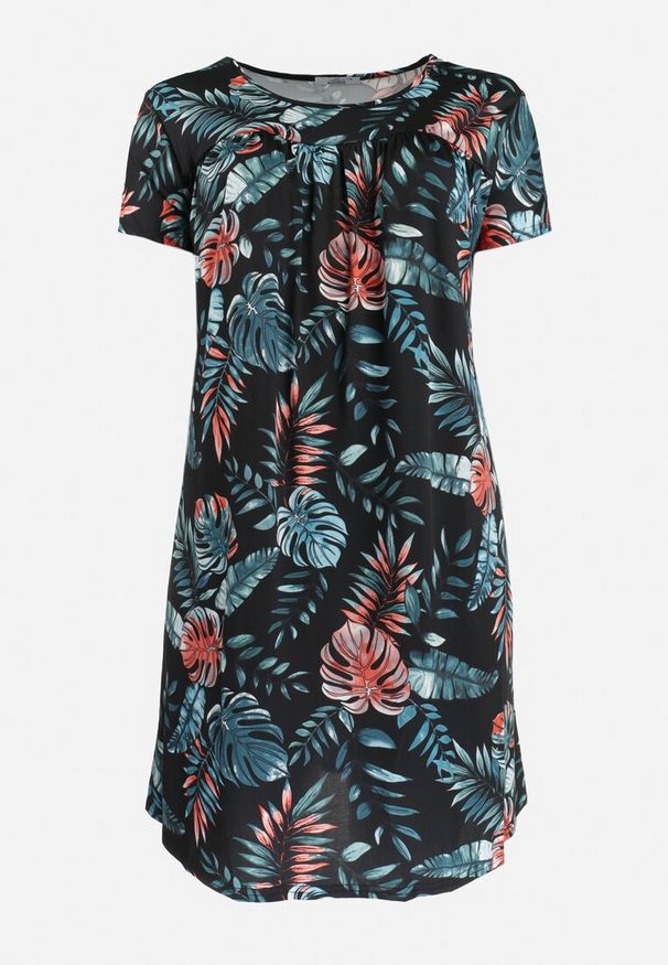 Born2be - Czarna Trapezowa Sukienka Midi z Krótkimi Rękawami w Kwiaty Alyana. Kolor: czarny. Długość rękawa: krótki rękaw. Wzór: kwiaty. Typ sukienki: trapezowe. Długość: midi