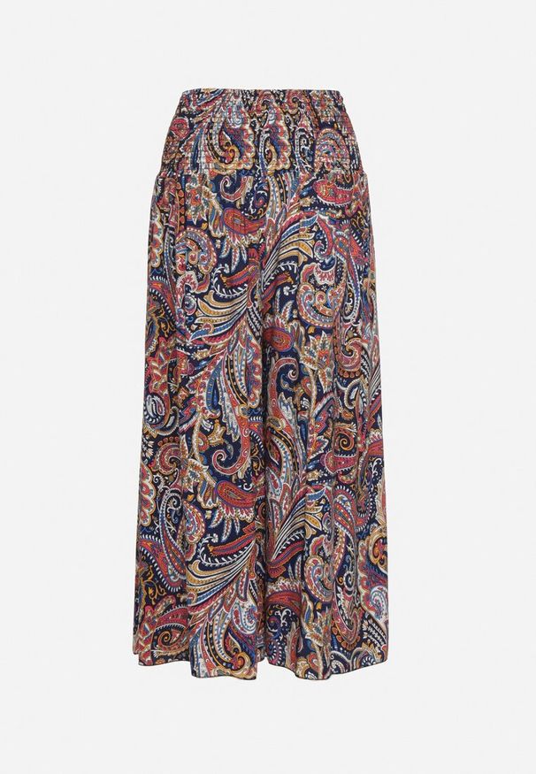 Born2be - Granatowe Bawełniane Spodnie Kuloty z Wzorem Paisley Tarrisa. Okazja: na co dzień. Stan: podwyższony. Kolor: niebieski. Materiał: bawełna. Wzór: paisley. Styl: wakacyjny, boho, elegancki, casual