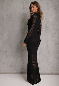 Renee - Czarna Wieczorowa Sukienka z Koronki Zdobiona Falbanami Lunetra. Typ kołnierza: dekolt w kształcie V. Kolor: czarny. Materiał: koronka. Wzór: aplikacja, koronka. Styl: wizytowy #8