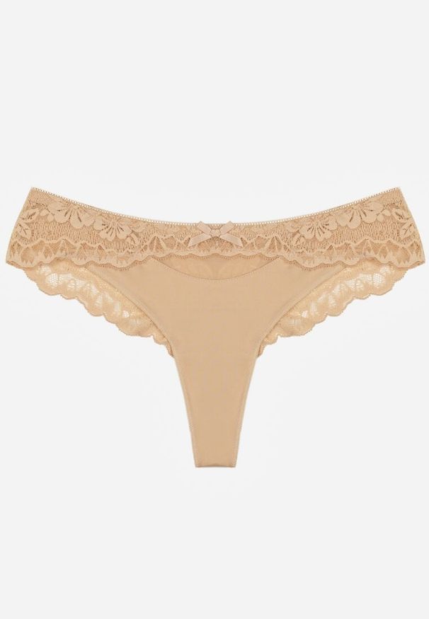 Renee - Beżowe Majtki Stringi Ozdobione Koronką Phisoris. Kolor: beżowy. Materiał: koronka. Wzór: koronka, aplikacja