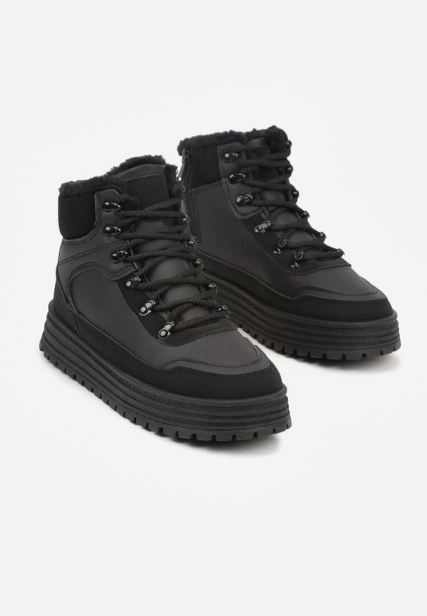 Born2be - Czarne Sneakersy na Grubej Podeszwie z Futerkiem Alweda. Okazja: na co dzień. Kolor: czarny. Materiał: futro