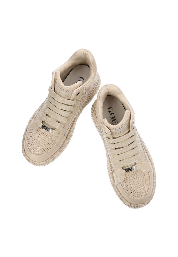 GOE - Beżowe Sneakersy Goe Stylowe Błyszczące Obuwie Damskie. Zapięcie: sznurówki. Kolor: beżowy. Materiał: materiał. Wzór: aplikacja