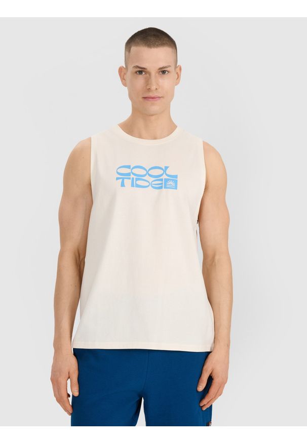 4f - 4F Tank top regular męski - biały XXL. Kolor: biały. Materiał: dzianina, bawełna, jersey. Długość rękawa: bez rękawów. Wzór: gładki, ze splotem, napisy