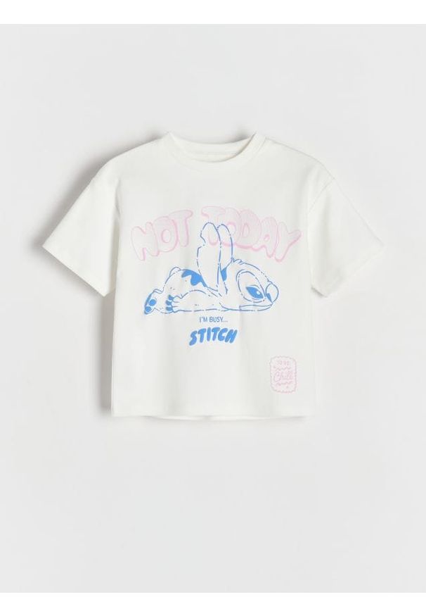 Reserved - Bawełniany t-shirt Lilo i Stitch - złamana biel. Materiał: bawełna