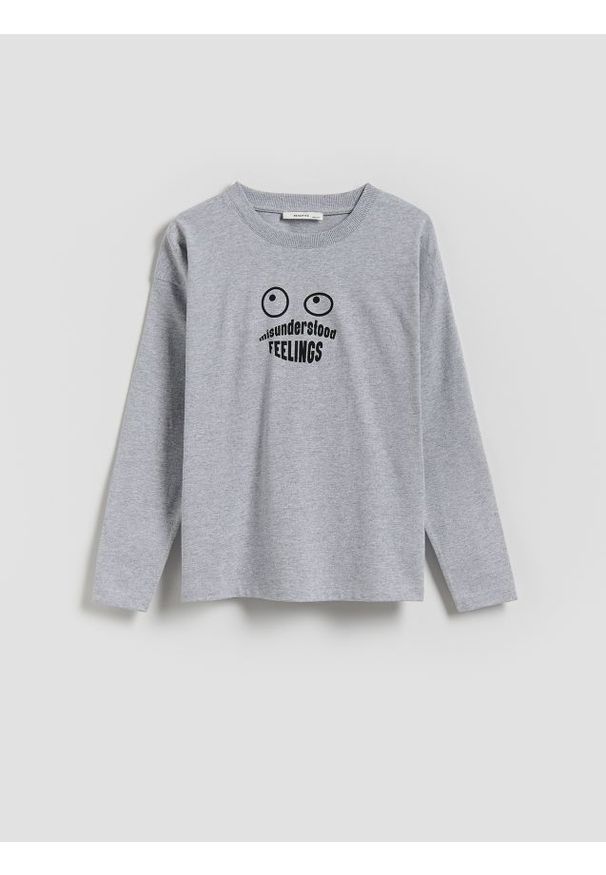 Reserved - Longsleeve z nadrukiem - jasnoszary. Kolor: szary. Materiał: bawełna, dzianina. Długość rękawa: długi rękaw. Wzór: nadruk