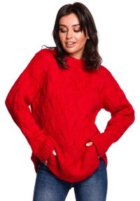 MOE - Czerwony Ciepły Sweter z Półgolfem w Warkocze. Kolor: czerwony. Materiał: poliester, wełna