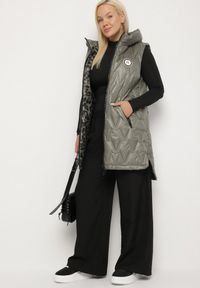 Born2be - Zielona Klasyczna Kamizelka z Pikowanymi Przeszyciami Ettelie. Kolekcja: plus size. Kolor: zielony. Materiał: jeans, skóra. Długość: długie. Styl: klasyczny