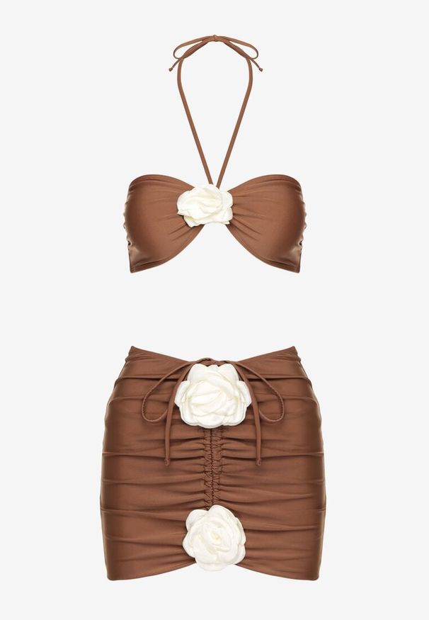Renee - Brązowe Bikini ze Spódniczką Ozdobione Kwiatową Aplikacją 3D Coren. Kolor: brązowy. Wzór: aplikacja, kwiaty