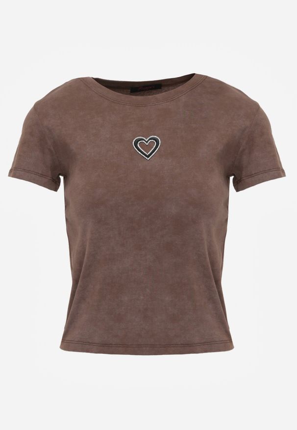 Born2be - Brązowy Bawełniany T-shirt z Cyrkoniowym Sercem Arielin. Okazja: na co dzień. Kolor: brązowy. Materiał: bawełna. Wzór: aplikacja. Styl: casual, klasyczny, sportowy