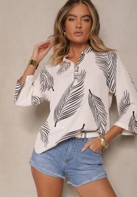 Renee - Jasnobeżowa Koszula z Bawełną i Motywem Liści Lumireline. Okazja: na co dzień. Kolor: beżowy. Materiał: bawełna. Styl: elegancki, casual