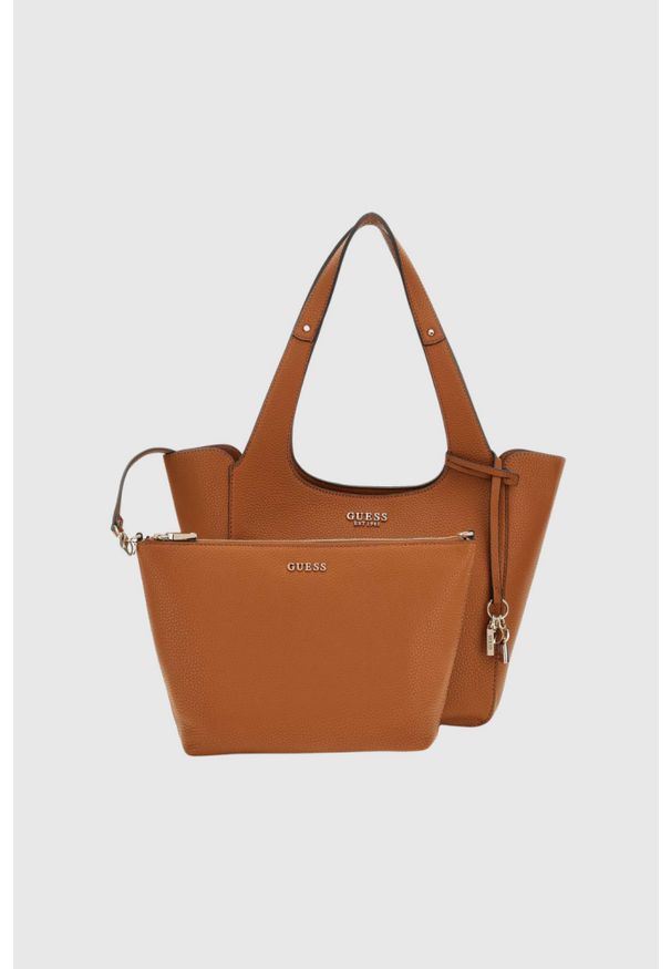 Guess - GUESS Brązowa shopperka damska Calista 2 In 1. Kolor: brązowy. Materiał: skórzane