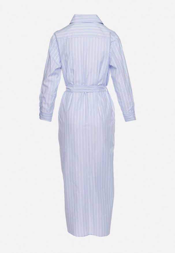 Born2be - Niebieska Koszulowa Sukienka w Paski z Wiązaniem w Talii Lasali. Okazja: na co dzień. Typ kołnierza: dekolt w serek. Kolor: niebieski. Wzór: paski. Typ sukienki: koszulowe. Styl: casual, elegancki, klasyczny