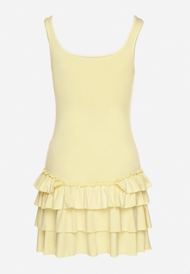 Born2be - Żółta Sukienka z Wiskozą Ozdobiona Falbankami Ovinia. Okazja: na co dzień. Typ kołnierza: kołnierz z falbankami. Kolor: żółty. Materiał: wiskoza. Długość rękawa: na ramiączkach. Wzór: aplikacja. Styl: casual