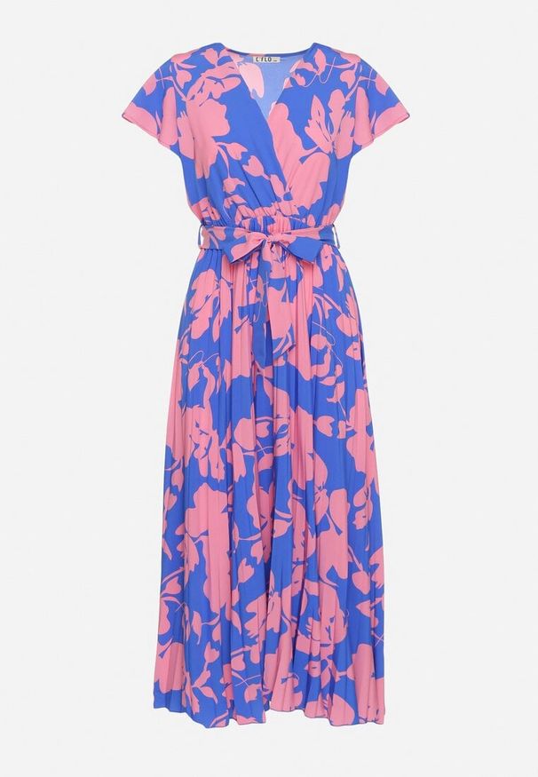 Born2be - Niebiesko-Różowa Plisowana Koktajlowa Sukienka z Kopertowym Dekoltem Paskiem i Gumką w Talii Anelsea. Okazja: na imprezę, na spacer. Typ kołnierza: dekolt kopertowy. Kolor: niebieski. Długość rękawa: krótki rękaw. Wzór: aplikacja. Typ sukienki: kopertowe. Styl: wizytowy