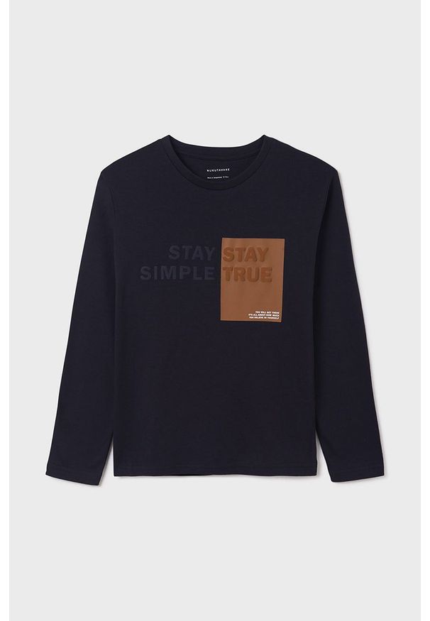 Mayoral longsleeve bawełniany dziecięcy kolor granatowy z nadrukiem. Kolor: niebieski. Materiał: bawełna. Długość rękawa: długi rękaw. Wzór: nadruk