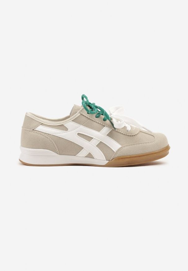Born2be - Beżowe Sneakersy z Podwójnym Wiązaniem Ozdobione Paskami Varozi. Okazja: na co dzień. Zapięcie: pasek. Kolor: beżowy. Materiał: jeans. Wzór: aplikacja