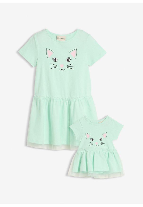 bonprix - Sukienka dziewczęca+sukienka dla lalki (2 części) z czystej bawełny organicznej. Kolor: zielony. Materiał: bawełna. Długość rękawa: krótki rękaw. Wzór: nadruk. Sezon: lato