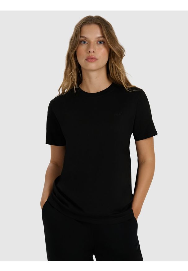 4f - 4F T-shirt regular gładki damski - czarny S. Okazja: na co dzień. Kolor: czarny. Materiał: bawełna, jersey. Długość rękawa: krótki rękaw. Długość: krótkie. Wzór: gładki. Sezon: lato. Styl: klasyczny, casual, sportowy