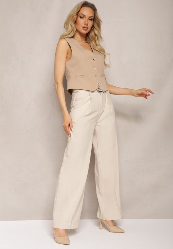 Renee - Beżowe Spodnie Szerokie High Waist Zapinane na Klamrę z Materiałowym Paskiem Etela. Okazja: na co dzień. Stan: podwyższony. Kolor: beżowy. Materiał: materiał. Styl: casual, elegancki
