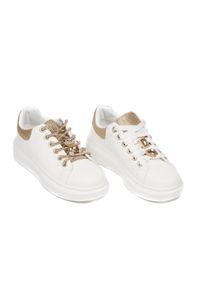 Inna - Sneakersy na platformie brokatowe z ozdobami białe złote 857-28-37. Kolor: wielokolorowy, złoty, biały. Materiał: skóra ekologiczna. Wzór: aplikacja. Obcas: na platformie