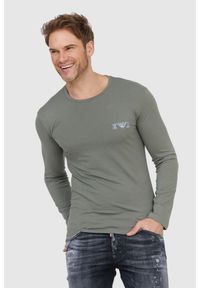 Emporio Armani - EMPORIO ARMANI Zielony longsleeve męski z granatowym logo, Rozmiar S. Kolor: zielony. Materiał: prążkowany. Długość rękawa: długi rękaw