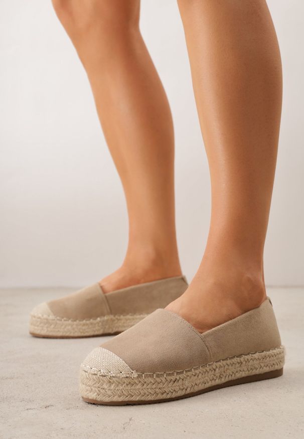 Born2be - Ciemnobeżowe Klasyczne Espadryle VICES na Grubej Podeszwie z Plecionką Idathelia. Okazja: na co dzień, na spacer. Kolor: beżowy. Materiał: jeans, len. Styl: klasyczny