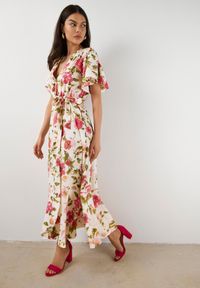 Born2be - Beżowo-Różowa Sukienka z Kopertowym Dekoltem Gumką w Pasie i Materiałowym Paskiem Genatia. Kolor: beżowy. Materiał: materiał. Długość rękawa: krótki rękaw. Sezon: lato. Typ sukienki: kopertowe #1