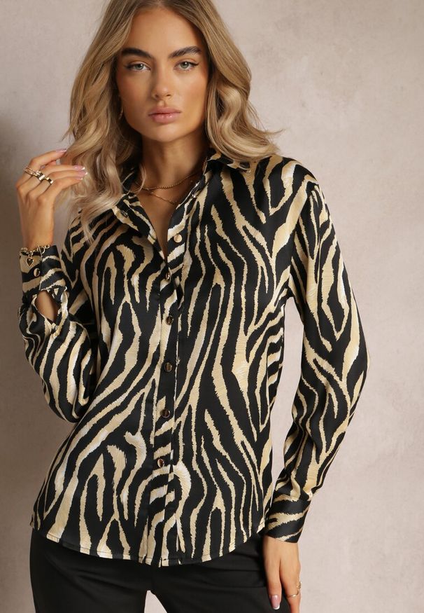 Renee - Jasnozielona Koszula z Animal Printem Deseris. Okazja: do pracy, na co dzień. Kolor: beżowy. Materiał: skóra. Wzór: nadruk. Styl: casual