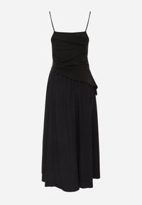 Born2be - Czarna Bawełniana Sukienka Koktajlowa na Ramiączkach z Asymetryczną Górą Thelis. Okazja: na wesele, na ślub cywilny. Kolor: czarny. Materiał: bawełna. Długość rękawa: na ramiączkach. Typ sukienki: asymetryczne. Styl: wizytowy #4