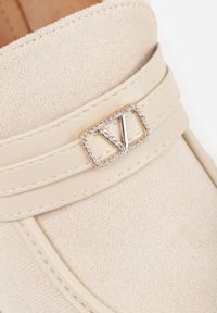 Born2be - Beżowe Półbuty Mokasyny na Wysokim Słupku z Cyrkoniami Remenia. Kolor: beżowy. Obcas: na słupku. Styl: elegancki. Wysokość obcasa: średni #4