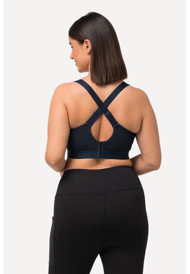 ULLA POPKEN - Damski Biustonosz sportowy bez fiszbin zamek błyskawiczny skrzyżowane ramiączka. Kolekcja: plus size. Kolor: niebieski. Materiał: elastan, poliamid, materiał