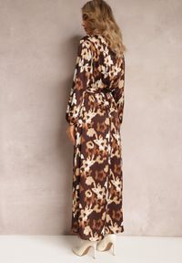 Renee - Brązowa Sukienka Maxi w Kwiaty z Kopertową Górą i Paskiem Samahine. Kolor: brązowy. Wzór: kwiaty. Typ sukienki: kopertowe. Długość: maxi #4