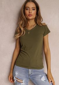 Renee - Ciemnozielony T-shirt Adranna. Kolor: zielony. Materiał: bawełna, dzianina. Długość rękawa: krótki rękaw. Długość: krótkie