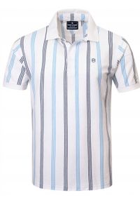 Męska Koszulka Polo - Pako Jeans - Biała w Prążki. Okazja: na co dzień. Typ kołnierza: polo. Kolor: niebieski. Materiał: bawełna. Wzór: prążki, paski. Styl: casual #1