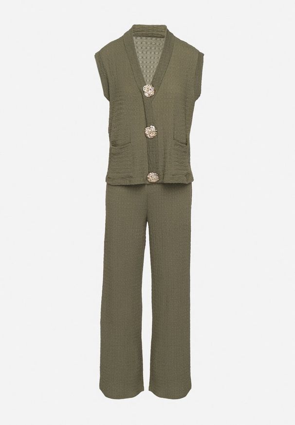 Born2be - Ciemnozielony Komplet Bluzka Bez Rękawów Zdobiona Broszkami i Szerokie Spodnie Sadaniae. Kolor: zielony. Wzór: aplikacja